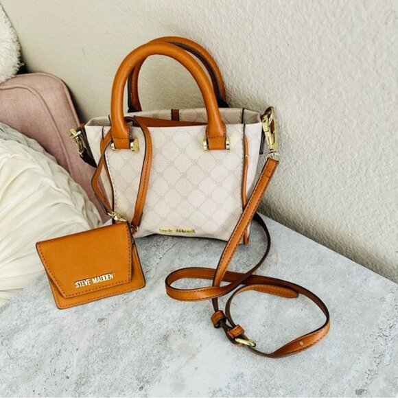 Steve Madden Mini Crossbody Bag Tan Cream Satchel Purse w/ Card Holder - Picture 1 of 7